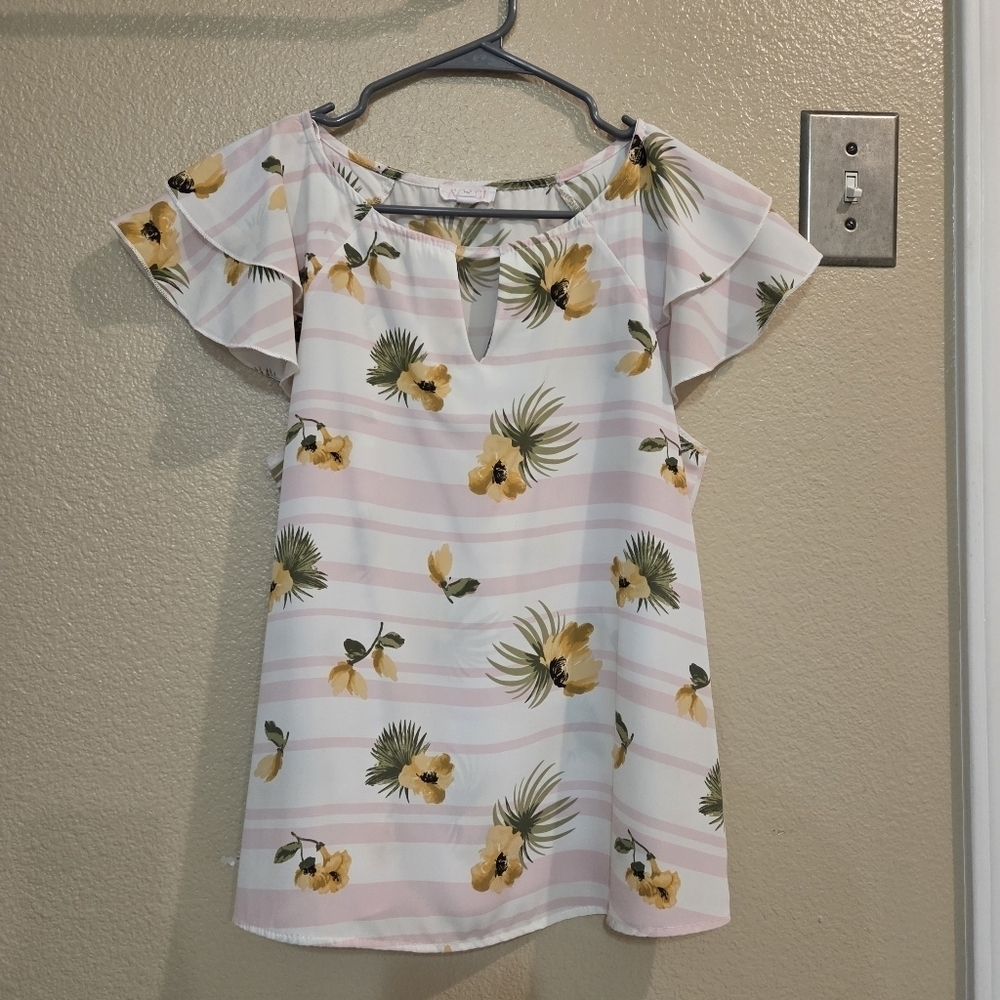 A'Gaci Floral Striped White Pink Keyhole Flutter Sleeve Blouse Top size Medium